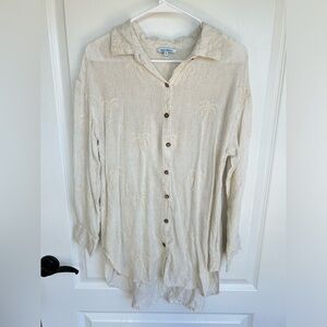 Blue Island Cream Embroidered Palm Button Shirt/Coverup